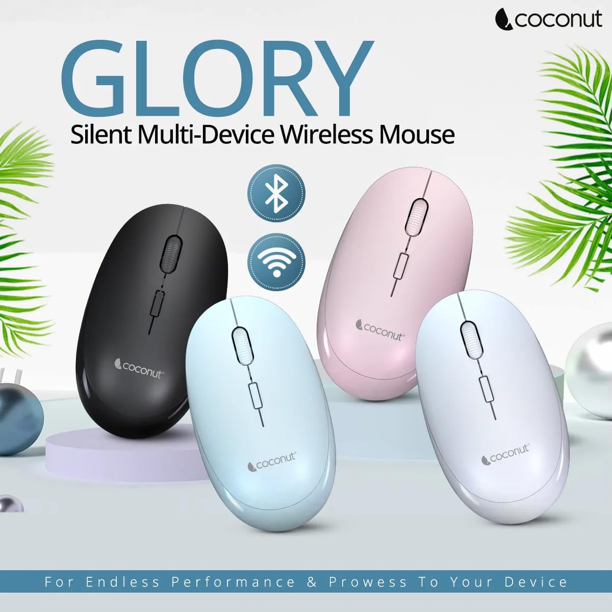 Coconut Glory Silent Multi Device Wireless Mouse + Bluetooth (Blue)