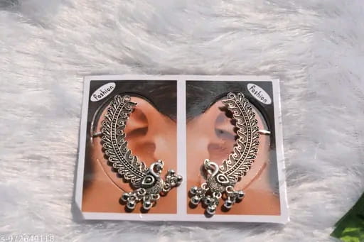 Traditional Oxidized Silver Peacock Ear Cuffs for Women | Ethnic Boho Tribal Kaan Phool Earrings Pair