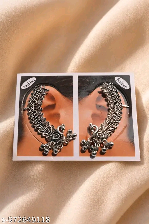 Traditional Oxidized Silver Peacock Ear Cuffs for Women | Ethnic Boho Tribal Kaan Phool Earrings Pair