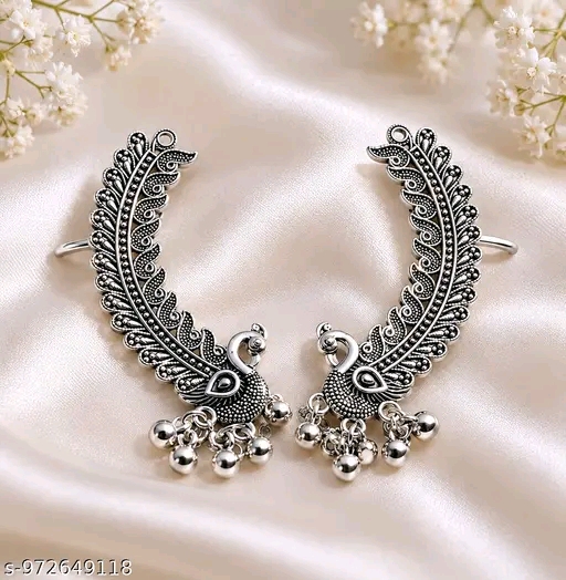 Traditional Oxidized Silver Peacock Ear Cuffs for Women | Ethnic Boho Tribal Kaan Phool Earrings Pair