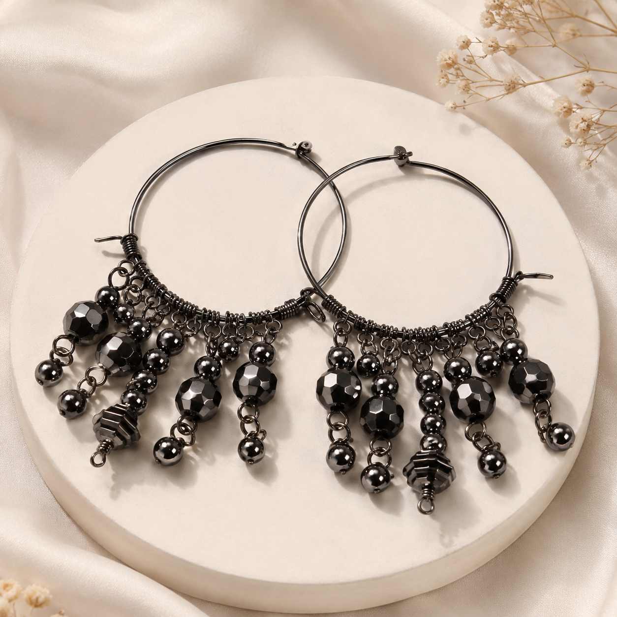 Black Metal Beaded Hoop Earrings with Chandelier Dangles | Gunmetal Gothic Charm Hoops for Women