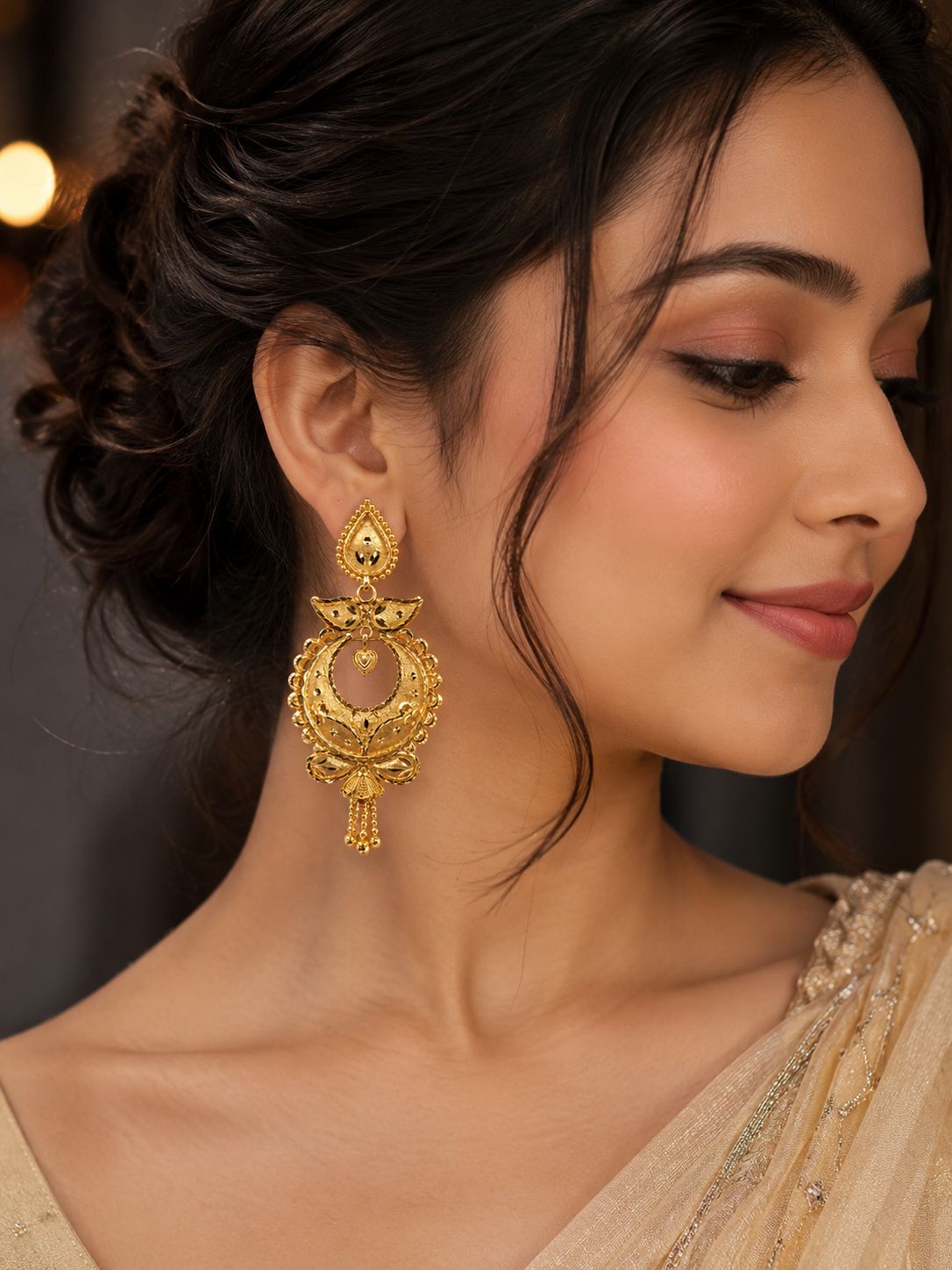 Traditional Gold Plated Chandbali Earrings with Heart Charm & Tassels | Ethnic Bridal Chandelier Earrings for Women