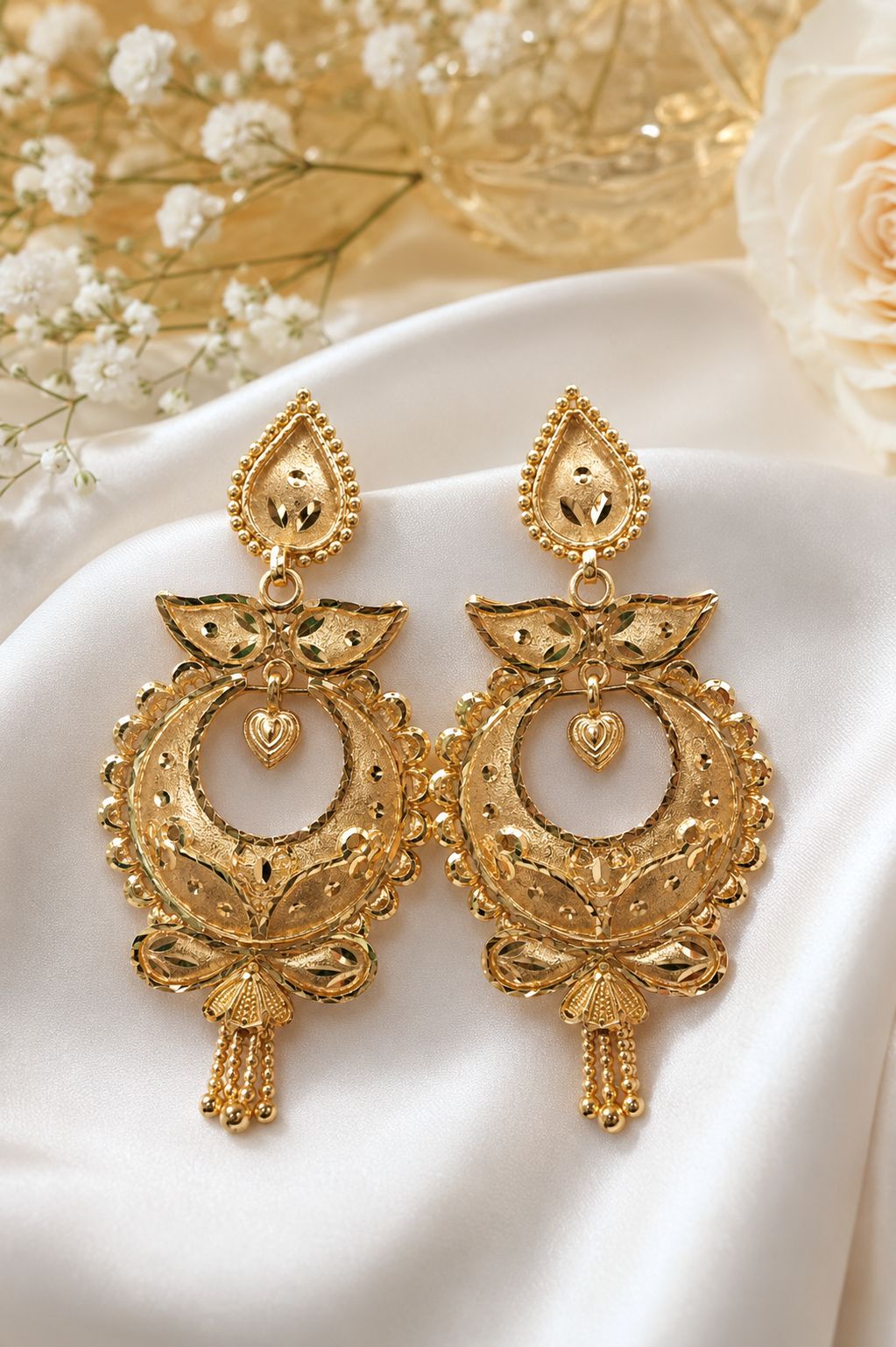 Traditional Gold Plated Chandbali Earrings with Heart Charm & Tassels | Ethnic Bridal Chandelier Earrings for Women
