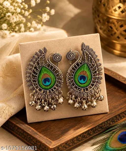 Premium Handmade Peacock Feather Oxidised Earrings – Handcrafted Ethnic Statement Jhumka Earrings