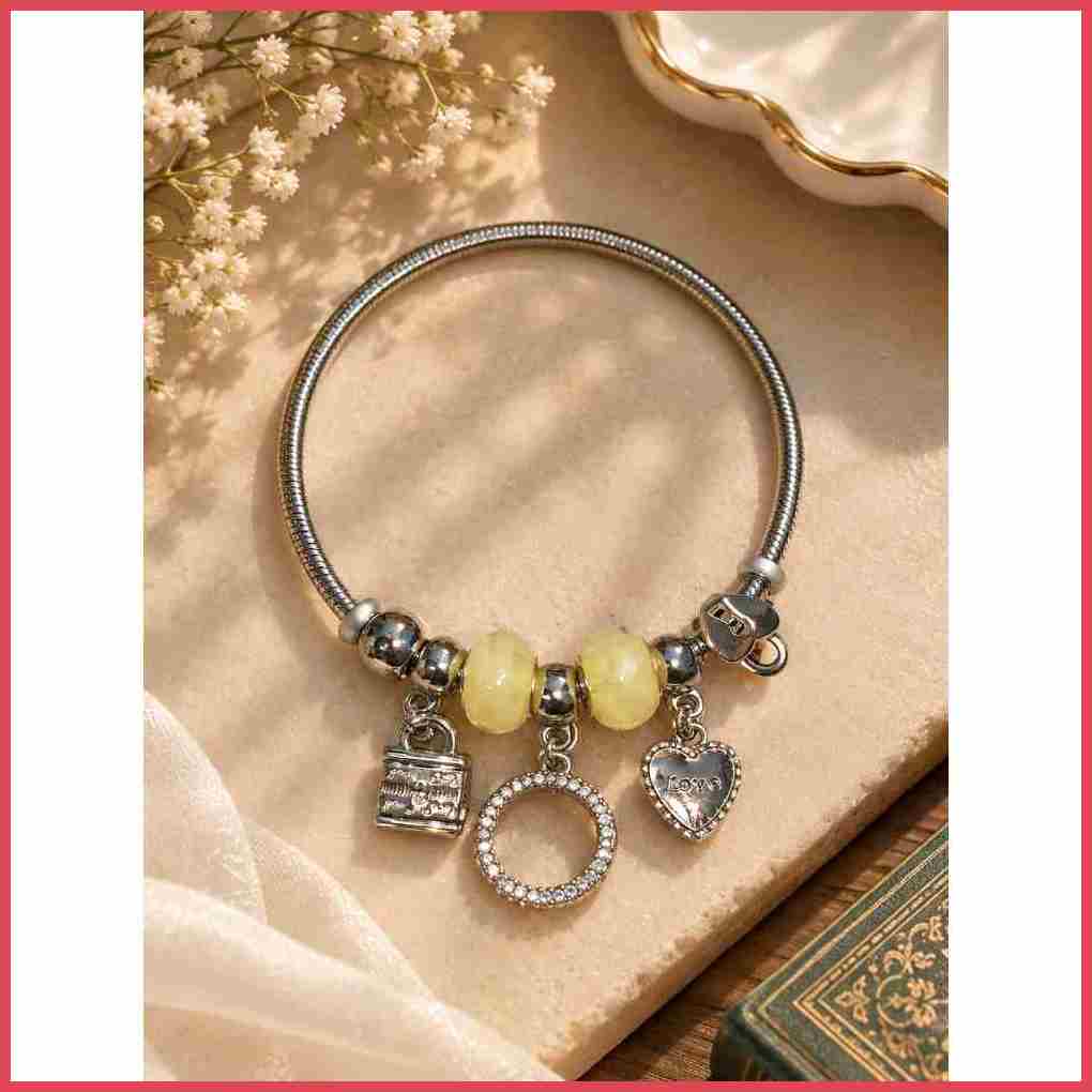 Trendy Green Beaded Charm Bracelet for Women & Girls | Stylish Silver-Tone Fashion Bracelet