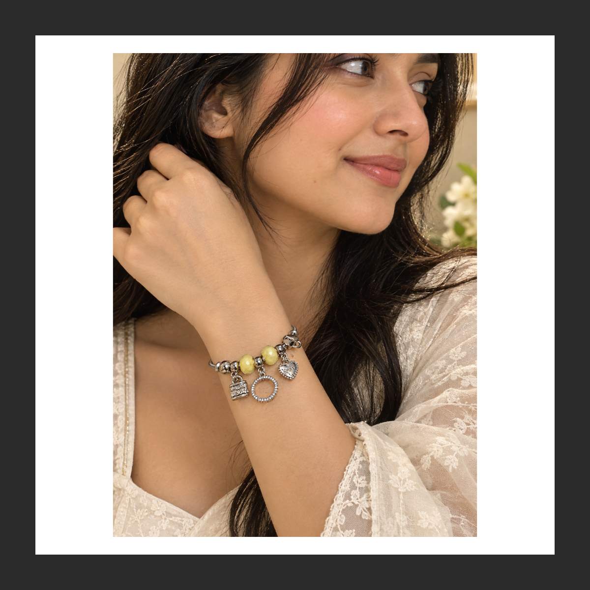 Trendy Green Beaded Charm Bracelet for Women & Girls | Stylish Silver-Tone Fashion Bracelet