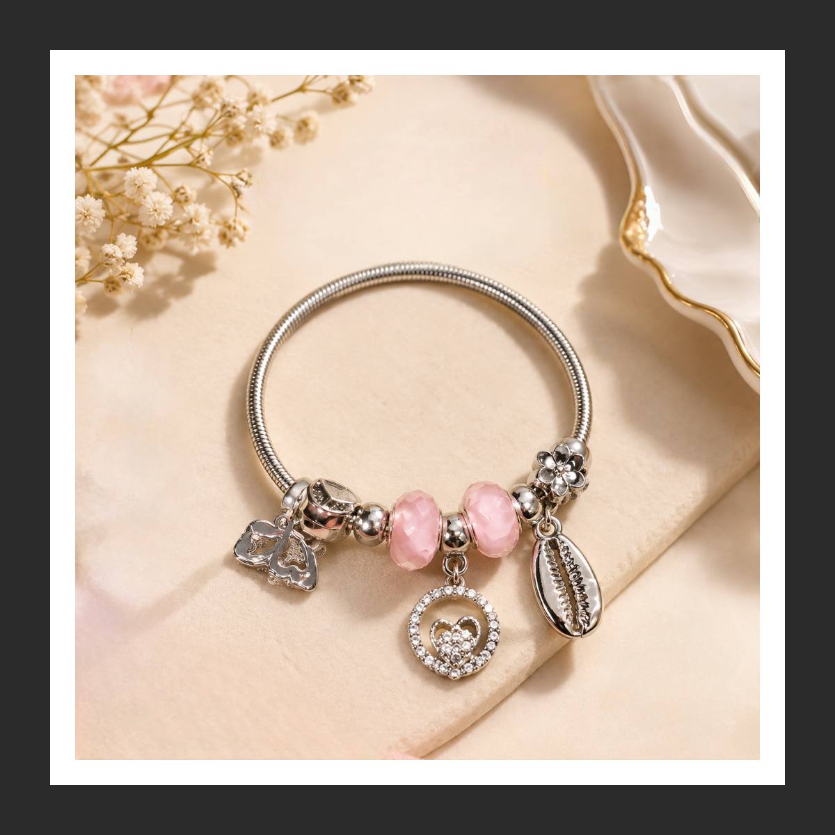 Stylish Pink Beaded Charm Bracelet for Women & Girls | Trendy Silver Charm Bracelet