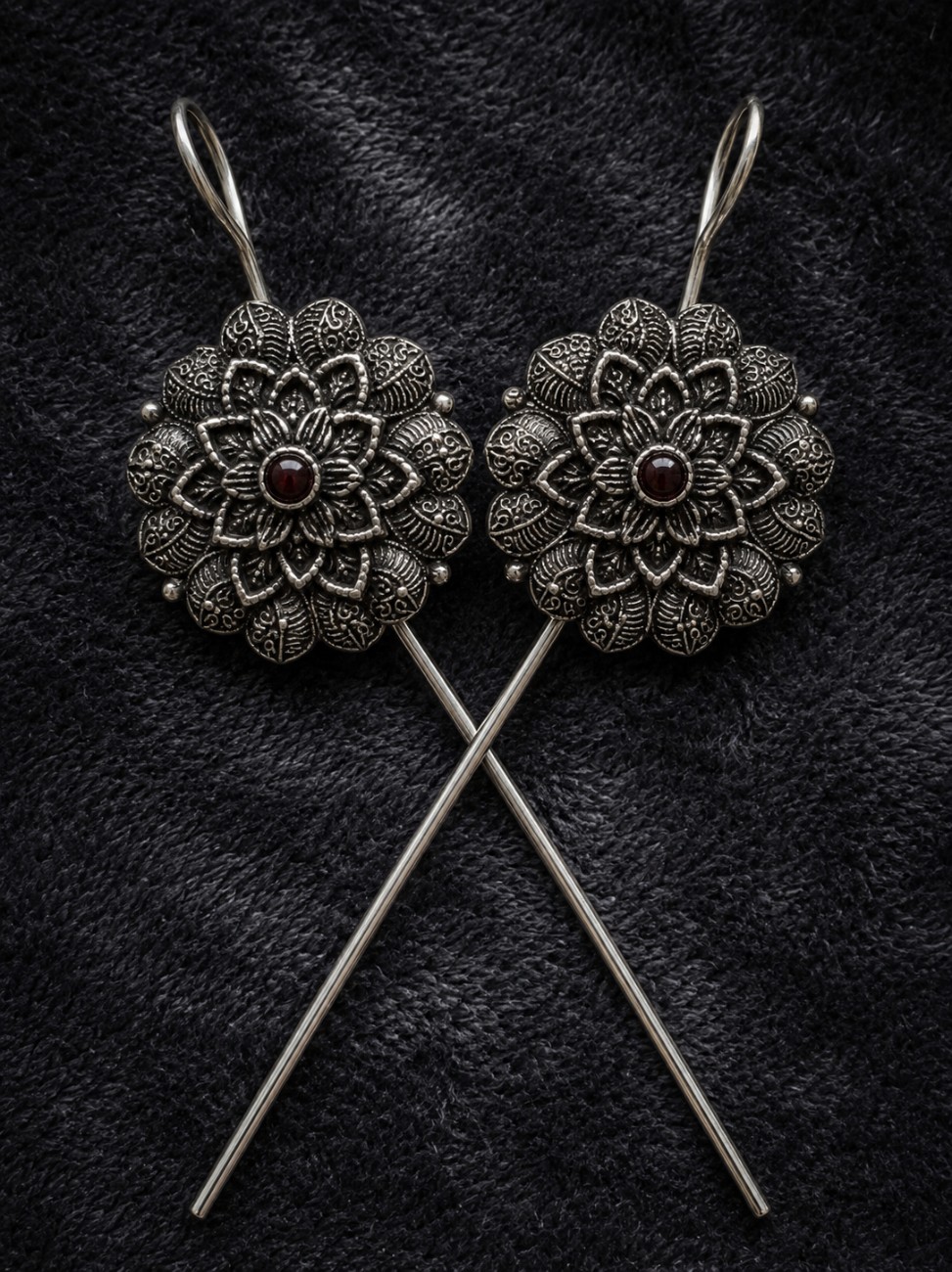 Antique Silver Floral Jhumka Earrings with Garnet Stone – Traditional Ethnic Statement Jewellery