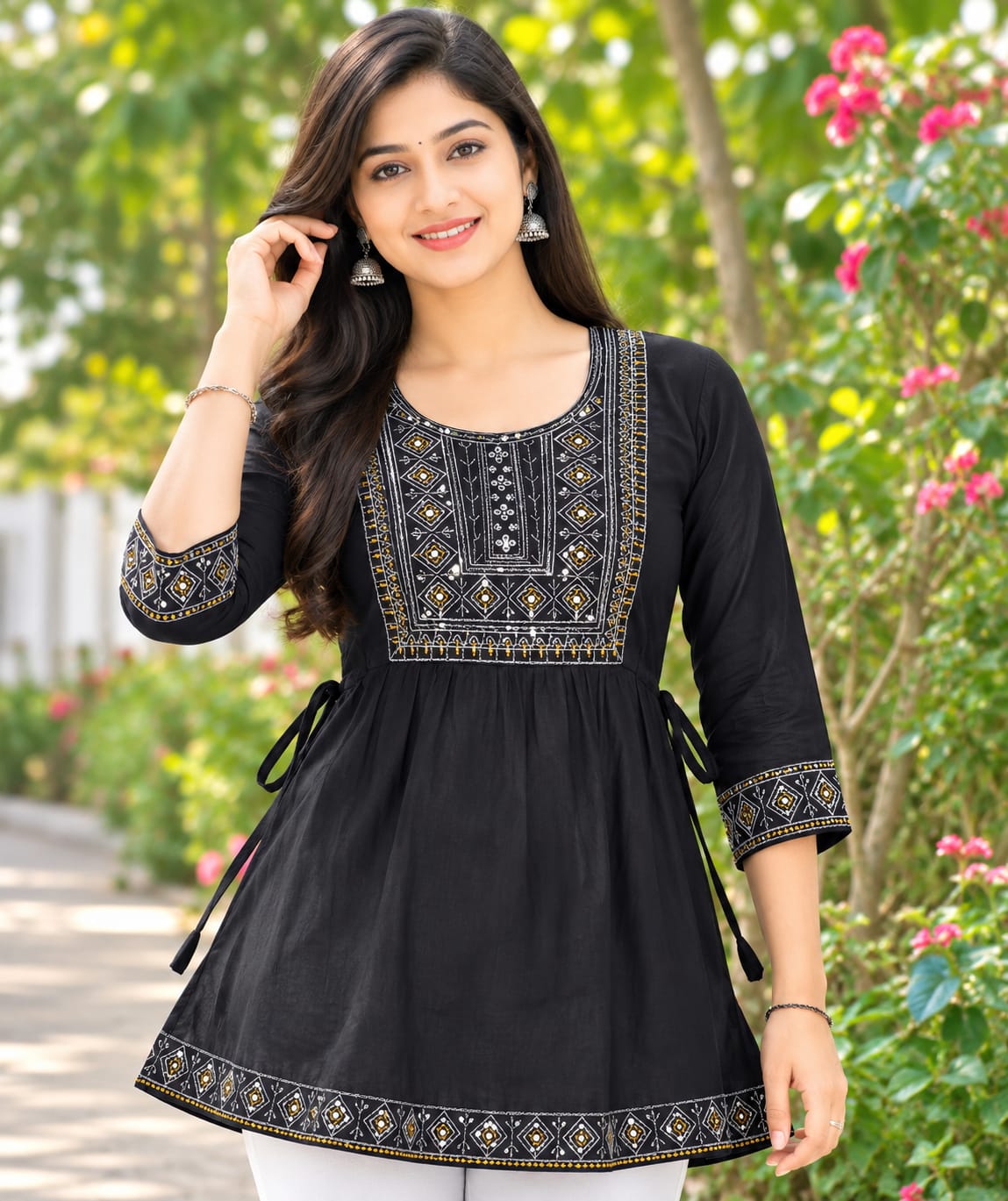 Women Black Embroidered Cotton Blend Short Top | 3/4 Sleeve Ethnic Top for Casual & Office Wear