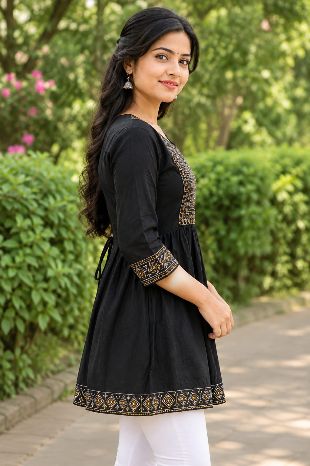 Women Black Embroidered Cotton Blend Short Top | 3/4 Sleeve Ethnic Top for Casual & Office Wear