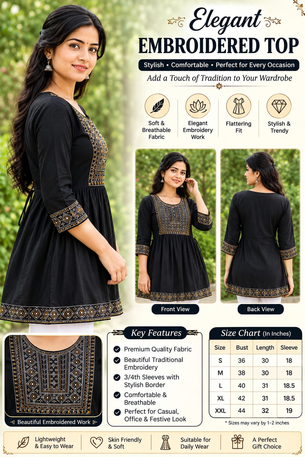Women Black Embroidered Cotton Blend Short Top | 3/4 Sleeve Ethnic Top for Casual & Office Wear
