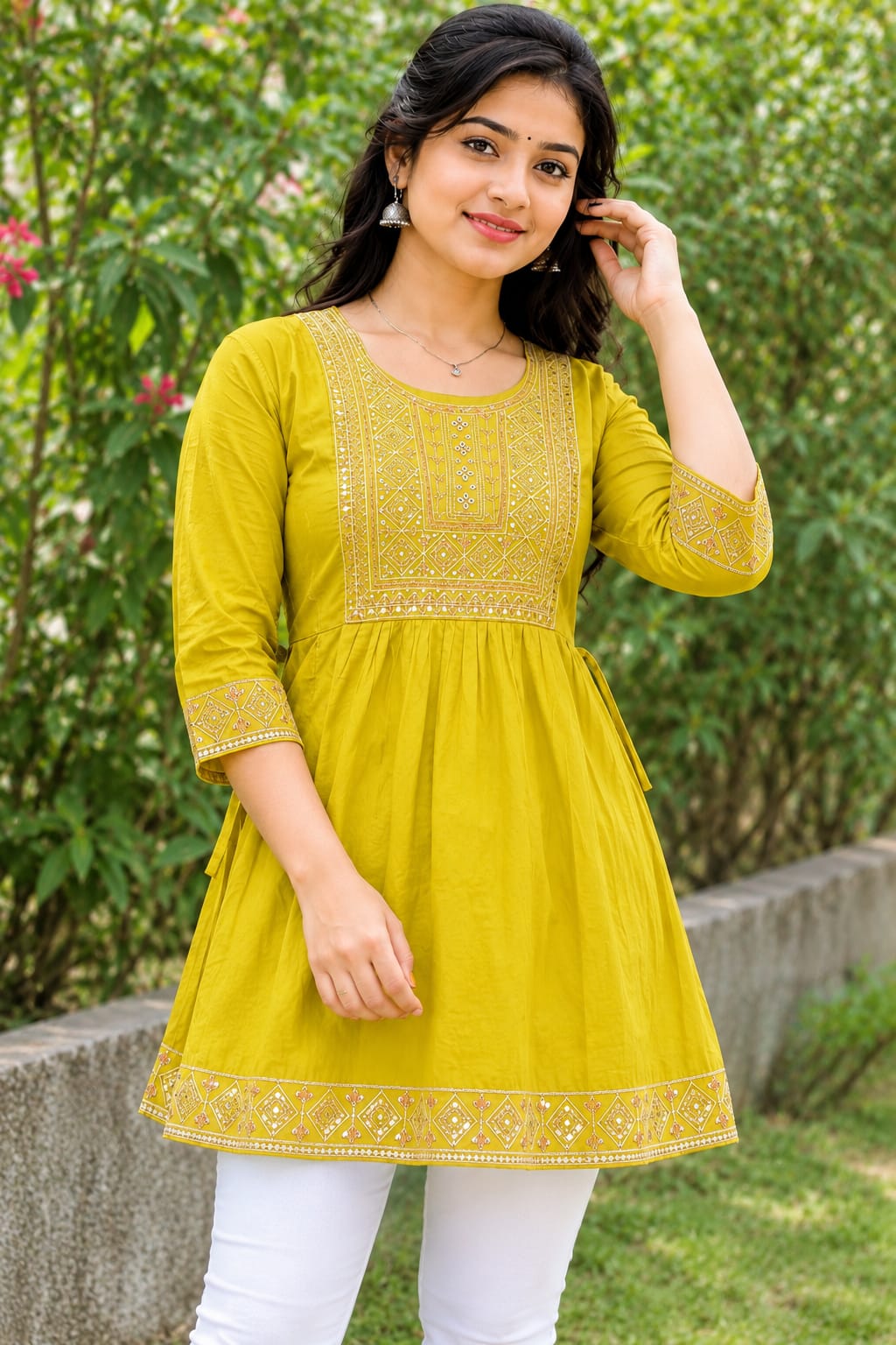 Women Yellow Embroidered Cotton Blend Short Top | 3/4 Sleeve Ethnic Top for Casual & Office Wear