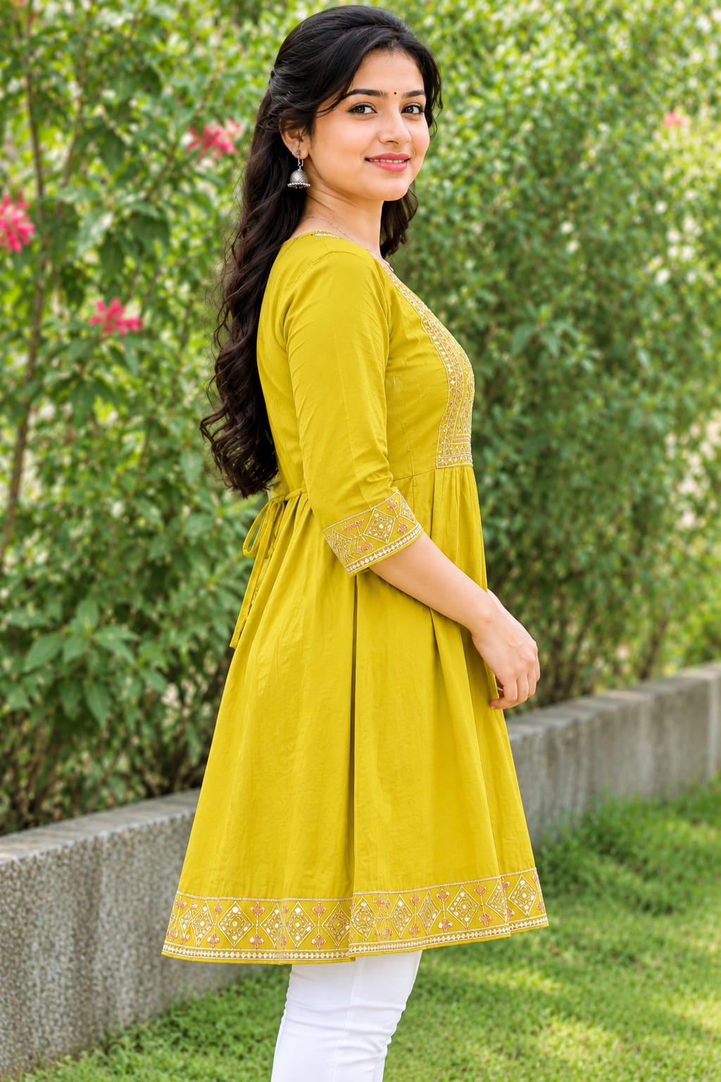 Women Yellow Embroidered Cotton Blend Short Top | 3/4 Sleeve Ethnic Top for Casual & Office Wear