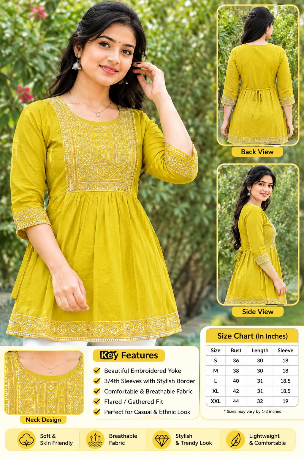 Women Yellow Embroidered Cotton Blend Short Top | 3/4 Sleeve Ethnic Top for Casual & Office Wear