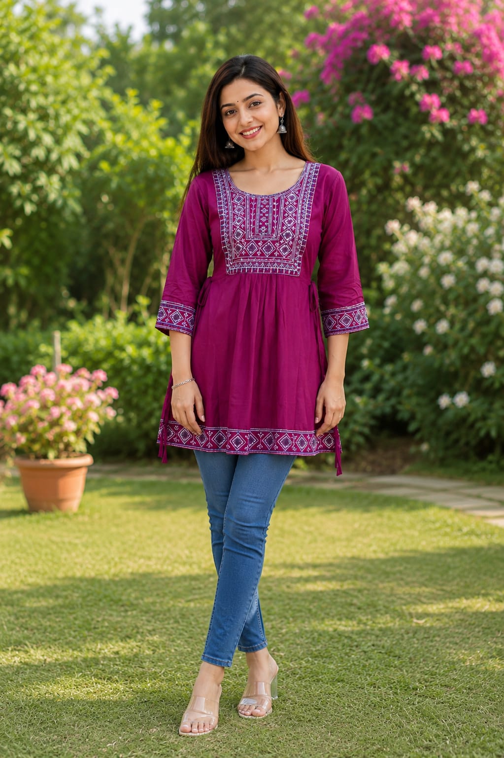 Women Maroon Embroidered Cotton Blend Short Top | 3/4 Sleeve Ethnic Top for Casual & Office Wear