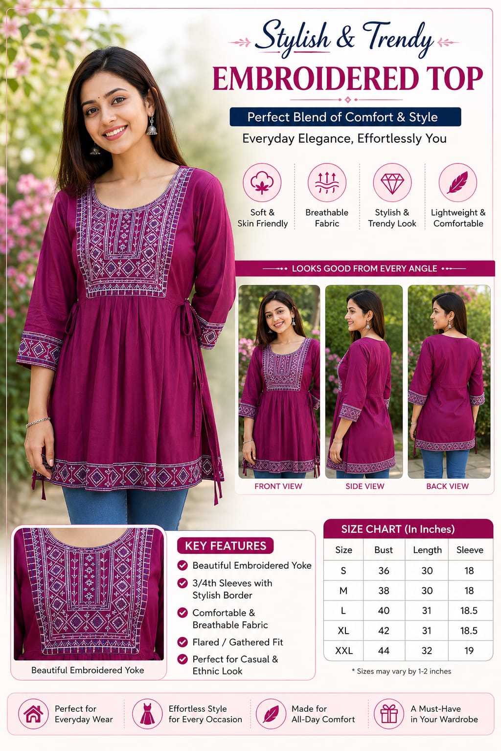 Women Maroon Embroidered Cotton Blend Short Top | 3/4 Sleeve Ethnic Top for Casual & Office Wear