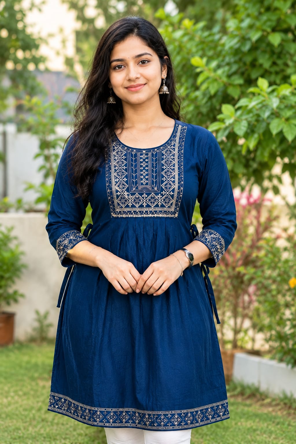 Women Royal Blue Embroidered Cotton Blend Short Top | 3/4 Sleeve Ethnic Top for Casual & Office Wear