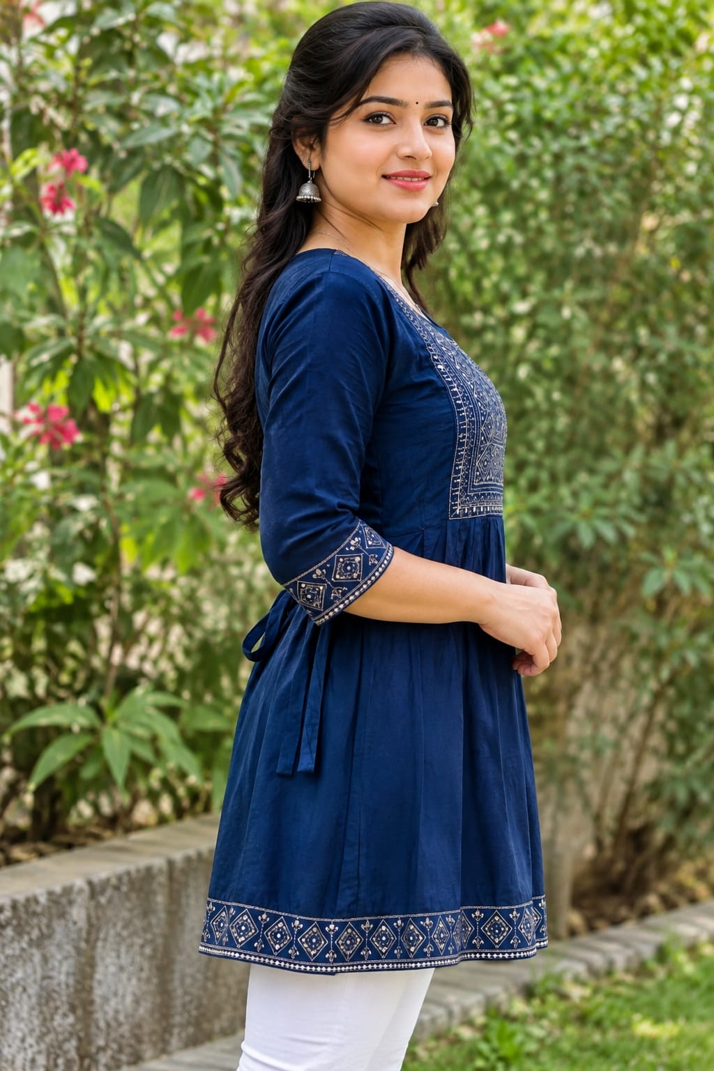 Women Royal Blue Embroidered Cotton Blend Short Top | 3/4 Sleeve Ethnic Top for Casual & Office Wear