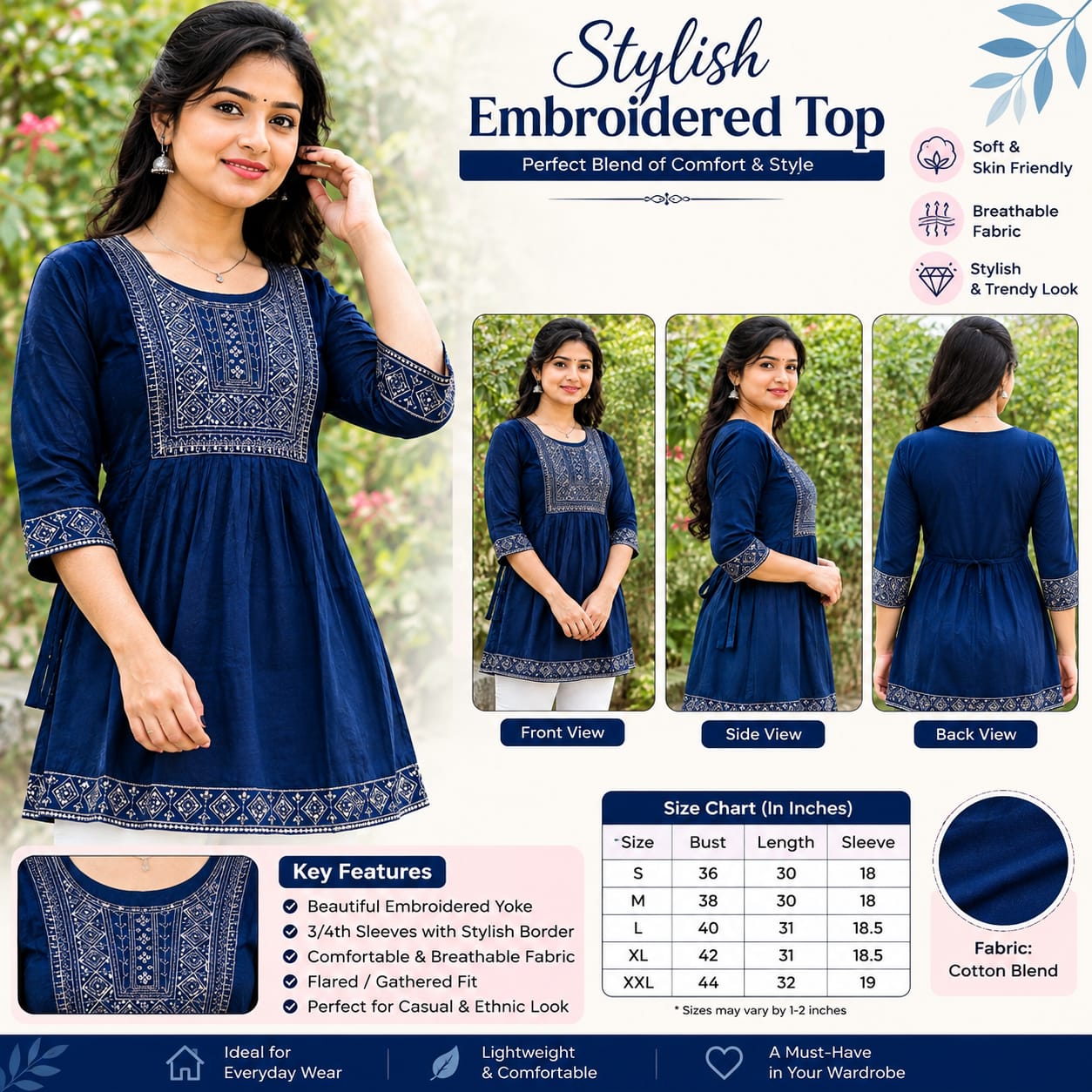 Women Royal Blue Embroidered Cotton Blend Short Top | 3/4 Sleeve Ethnic Top for Casual & Office Wear