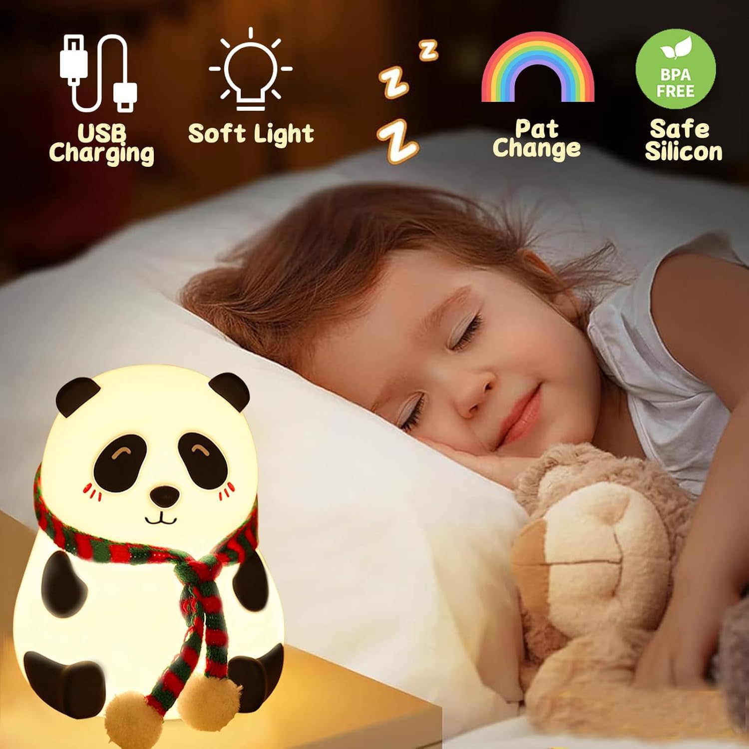 Panda Night Light for Kids, Cute Animal Night Lamp for Nursery,Squishy Silicone PandaTouch Lights Decor,Portable with USB Rechargeable, Gift
