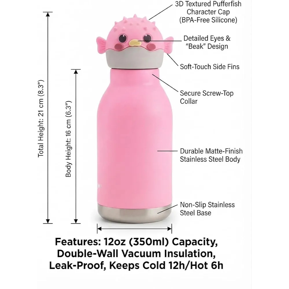 Animal Shaped Stainless Steel Water Bottle, White Novelty Bottle Cap, Kids Water Bottle, Insulated Flask, Portable Design, Stainless Steel B
