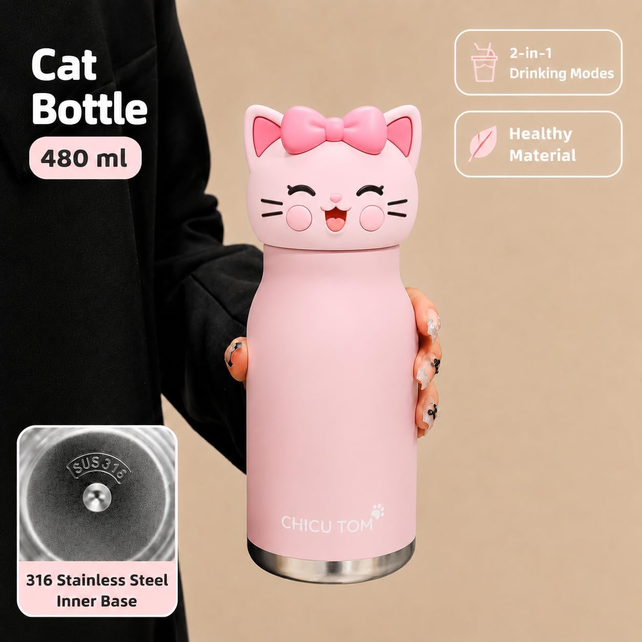 480ml Stainless Steel Sipper Water Bottle with Straw | Leakproof Animal Sipper Bottle | Reusable Drinking Bottle for School, Travel & Daily