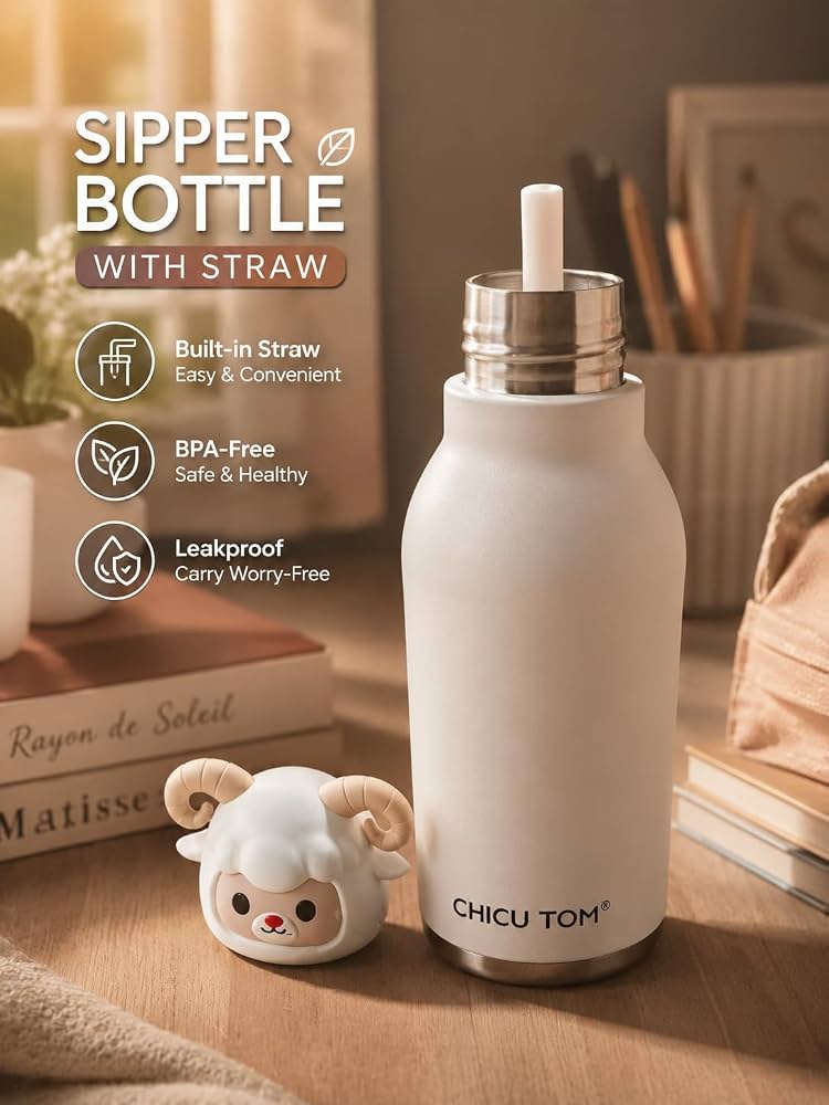 480ml Stainless Steel Sipper Water Bottle with Straw | Sheep Cartoon Stainless Steel Insulated Water Bottle Vacuum Insulated, Cute Animal Ca