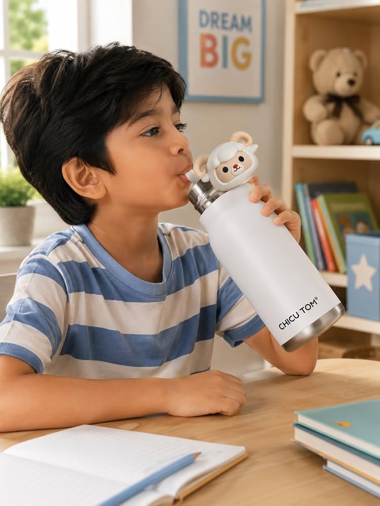 480ml Stainless Steel Sipper Water Bottle with Straw | Sheep Cartoon Stainless Steel Insulated Water Bottle Vacuum Insulated, Cute Animal Ca