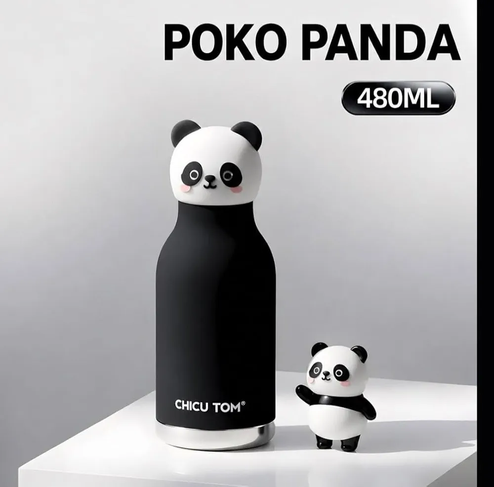 480ml Kids Stainless Steel Vacuum Insulated Water Bottle with Cute Panda Lid | Leakproof Double Wall Thermal Flask | BPA Free School Bottle