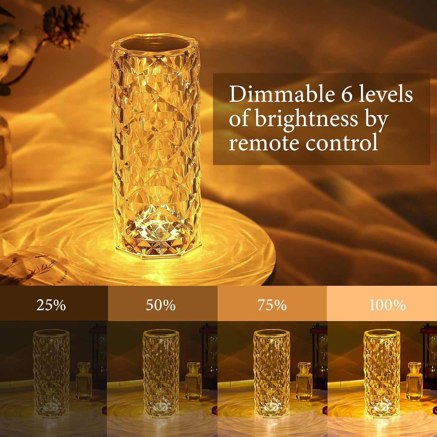 Touch Lamp, 16 Color Changing Rose Diamond Table Lamp, USB Rechargeable Touch Night Lamp for Bedroom Pack fo 1