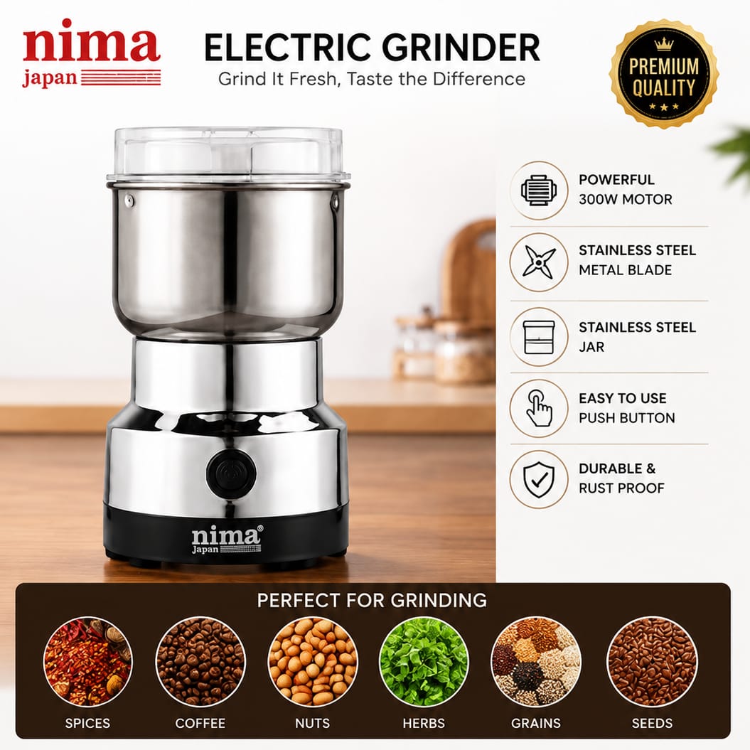 Electric coffee grinder, stainless steel spice grinder machine, automatic mixer blender, mini powder crusher, dry masala grinding appliance.