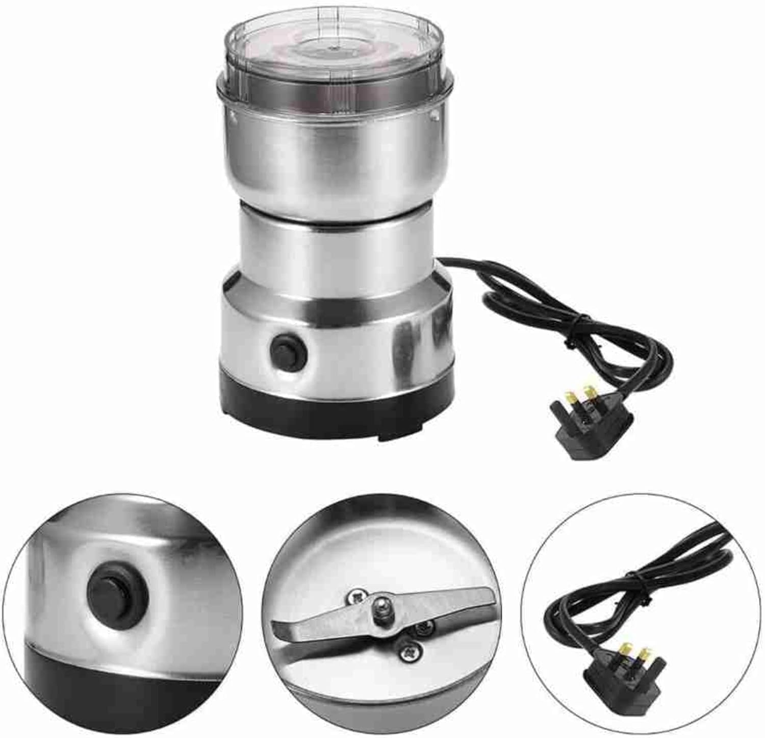 Electric coffee grinder, stainless steel spice grinder machine, automatic mixer blender, mini powder crusher, dry masala grinding appliance.