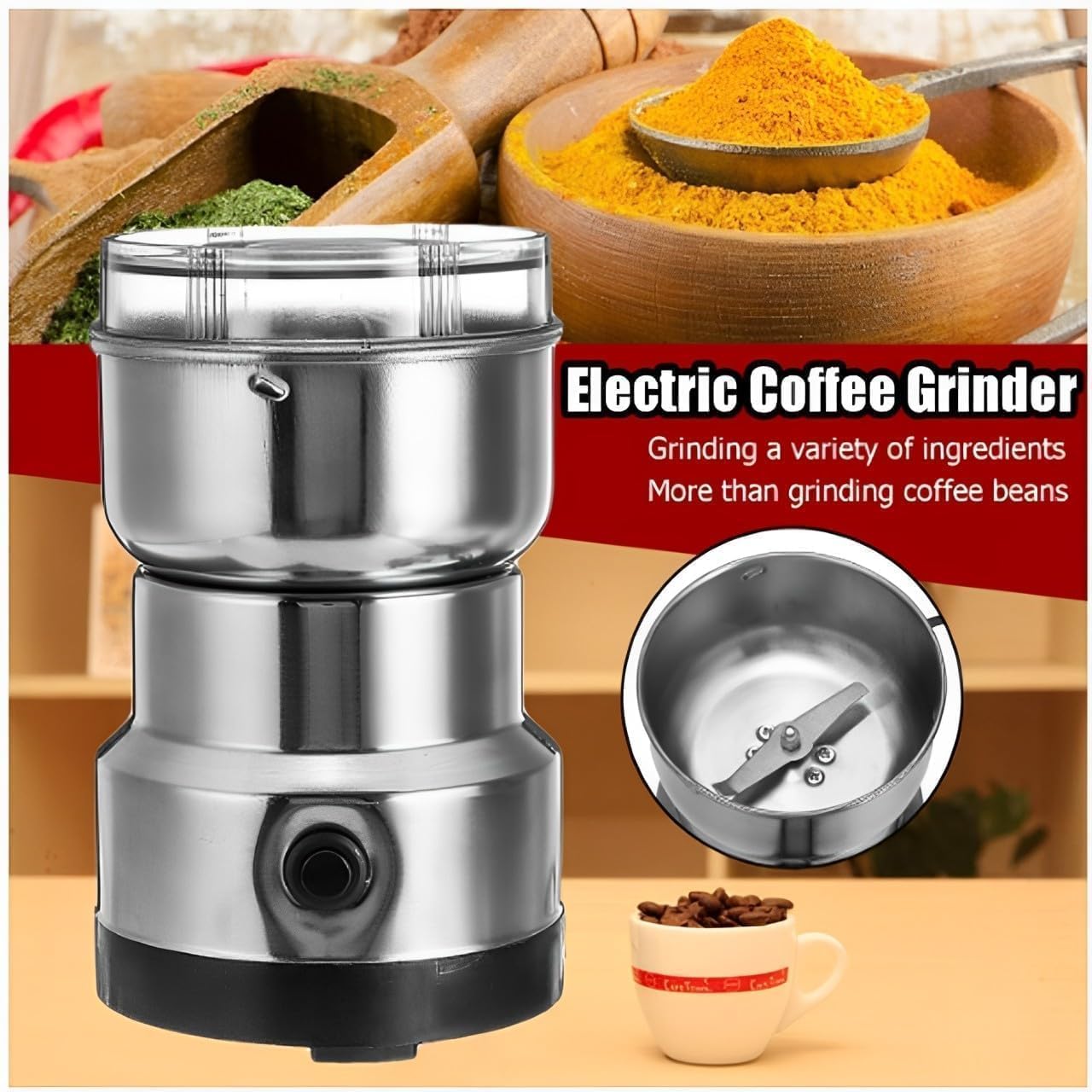 Mini Electric Grinder for Coffee & Spices | Small Mixer Grinder with Stainless Steel Cup | Portable Grinder for Masala, Dry Ingredients