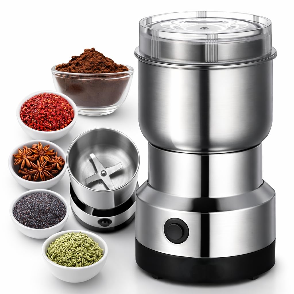 Mini Electric Grinder for Coffee & Spices | Small Mixer Grinder with Stainless Steel Cup | Portable Grinder for Masala, Dry Ingredients