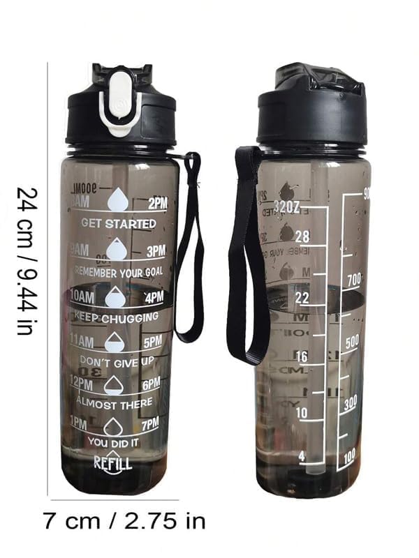 900 ML Capacity Water Bottle Transparent Water Bottles with Time Marker Leak proof & break-proof | Best Usage for Office/College/Black (1 PC