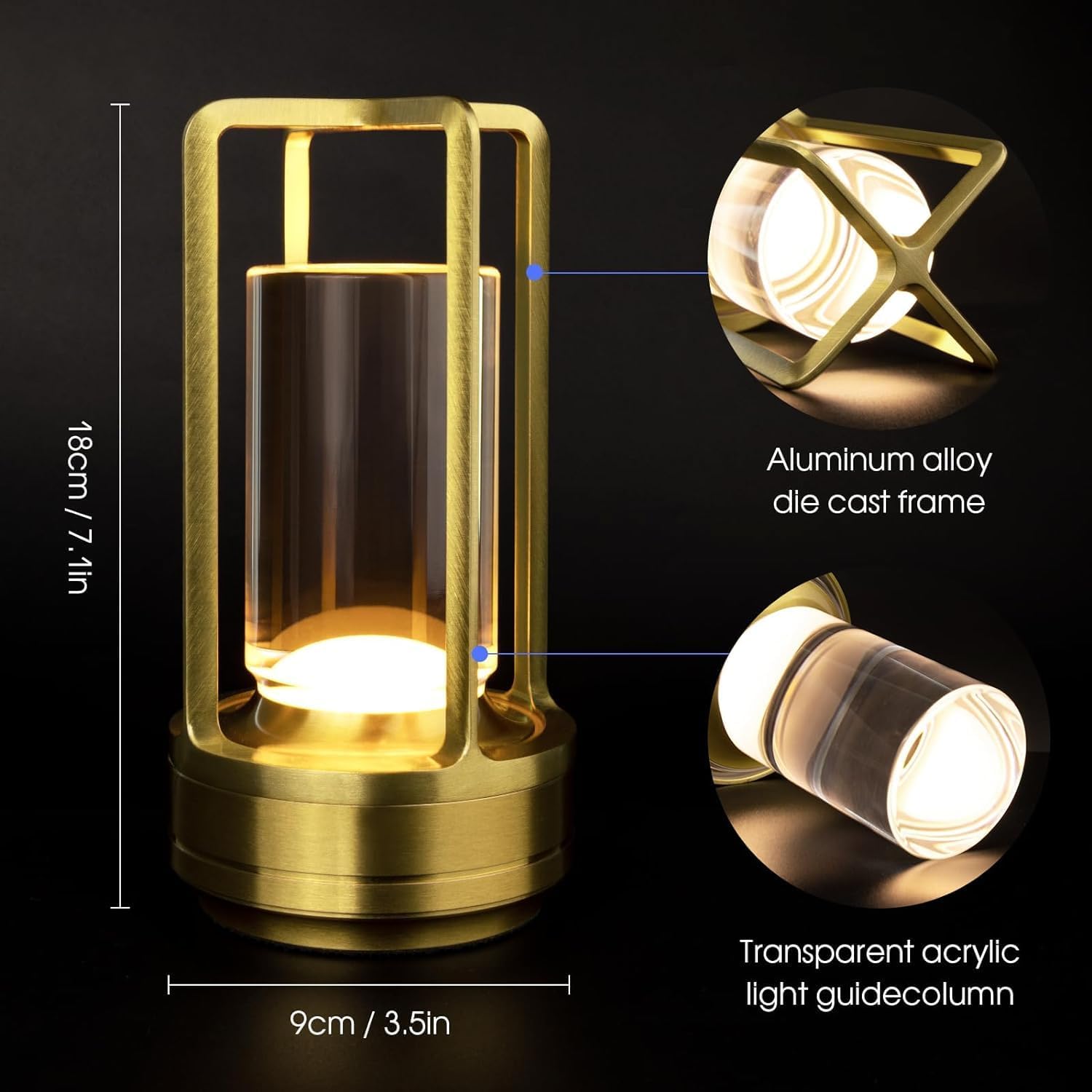 Portable LED Cordless Rechargeable Crystal Table Lamp with 3 Color Modes & Stepless Dimming, Touch Control, USB Type-C Charging, Aluminum