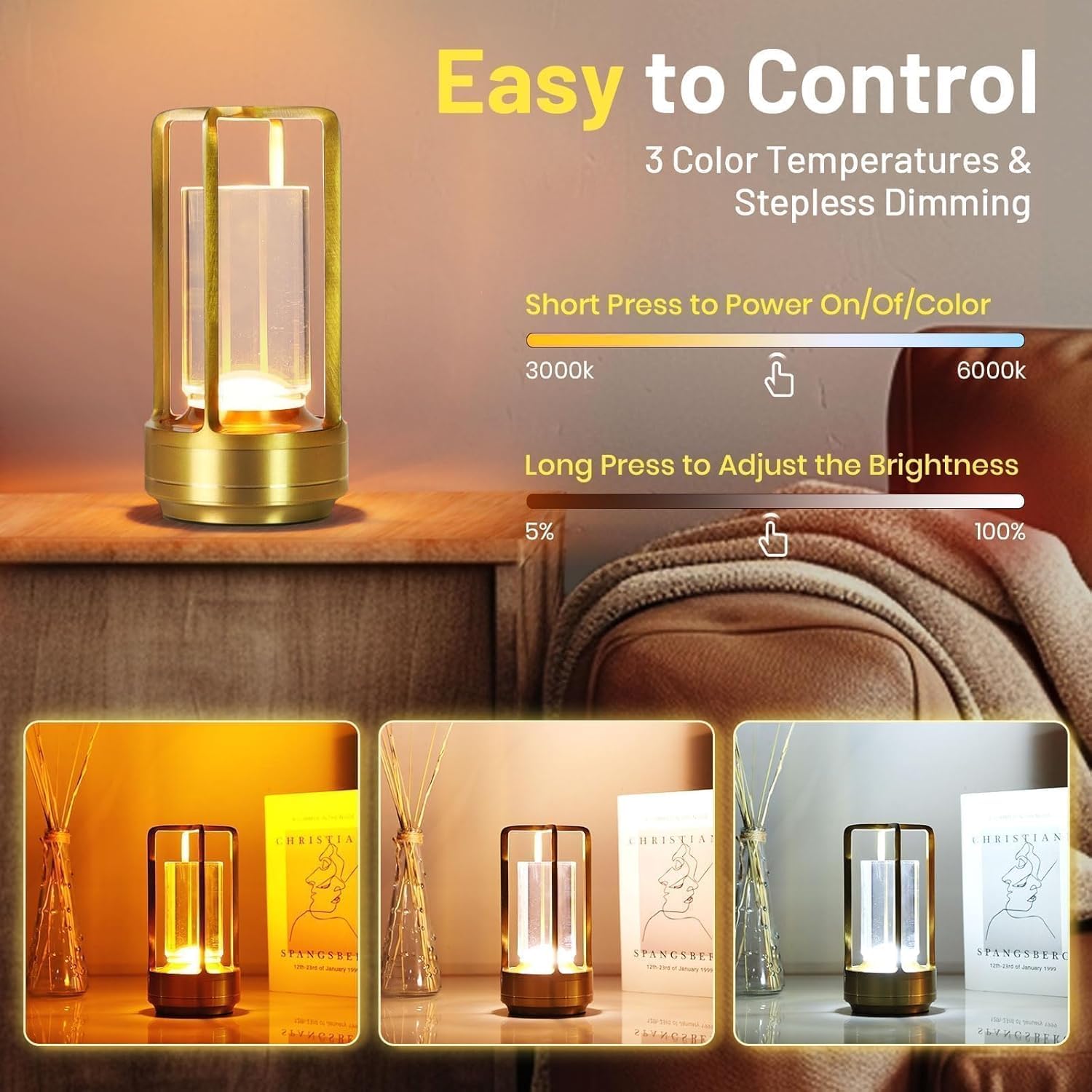 Portable LED Cordless Rechargeable Crystal Table Lamp with 3 Color Modes & Stepless Dimming, Touch Control, USB Type-C Charging, Aluminum