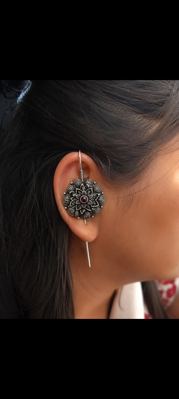 Antique Silver Floral Jhumka Earrings with Garnet Stone – Traditional Oxidized Statement Jewelry