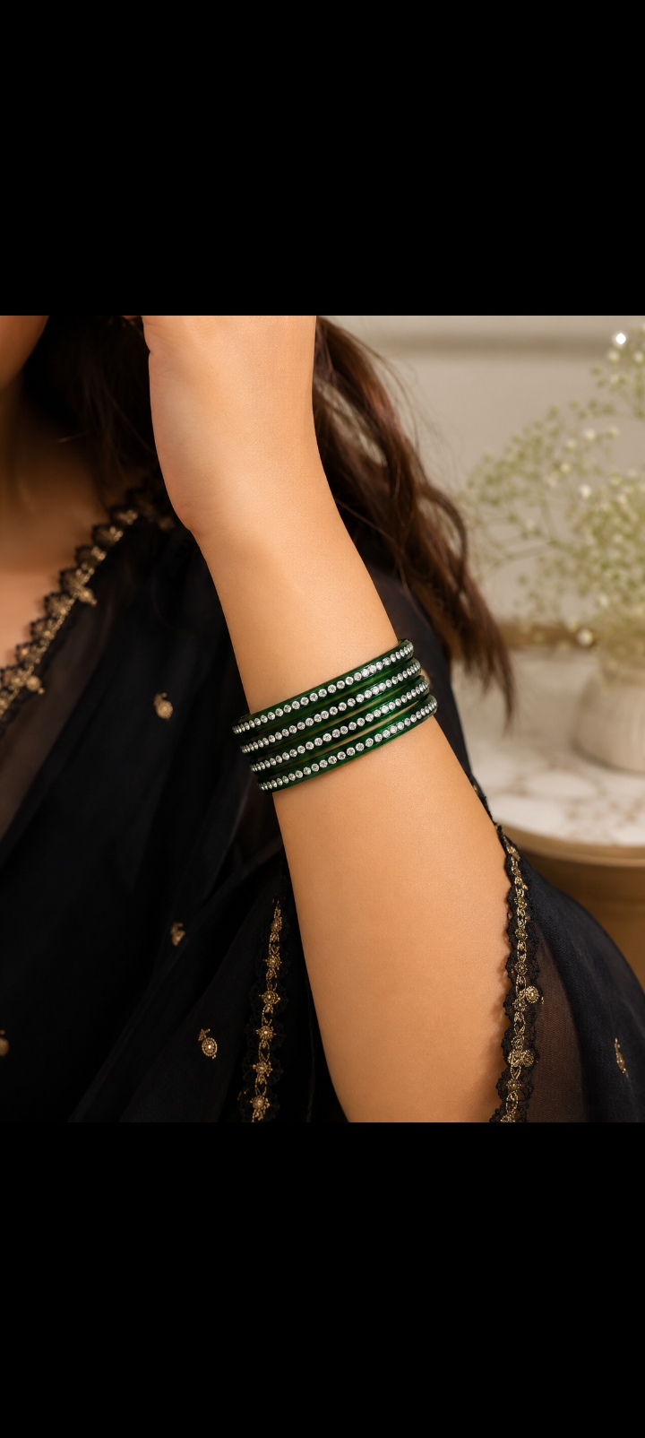 Emerald Green Crystal Stone Bangles | Elegant Rhinestone Studded Glass Bangles