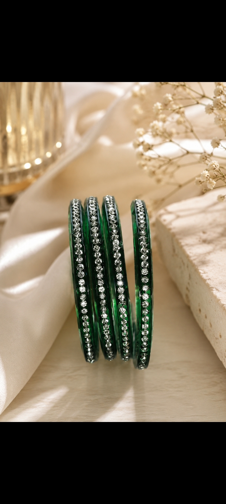 Emerald Green Crystal Stone Bangles | Elegant Rhinestone Studded Glass Bangles