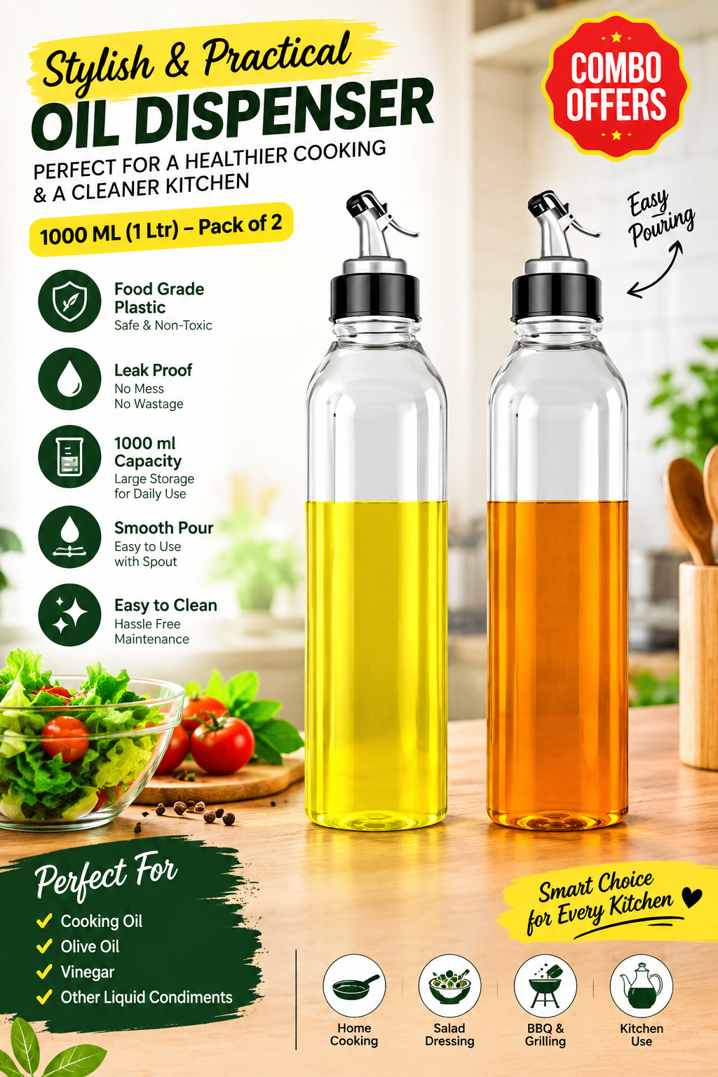 Oil Dispenser Bottle 1 Litre | Kitchen Oil Pourer | Pack of 1