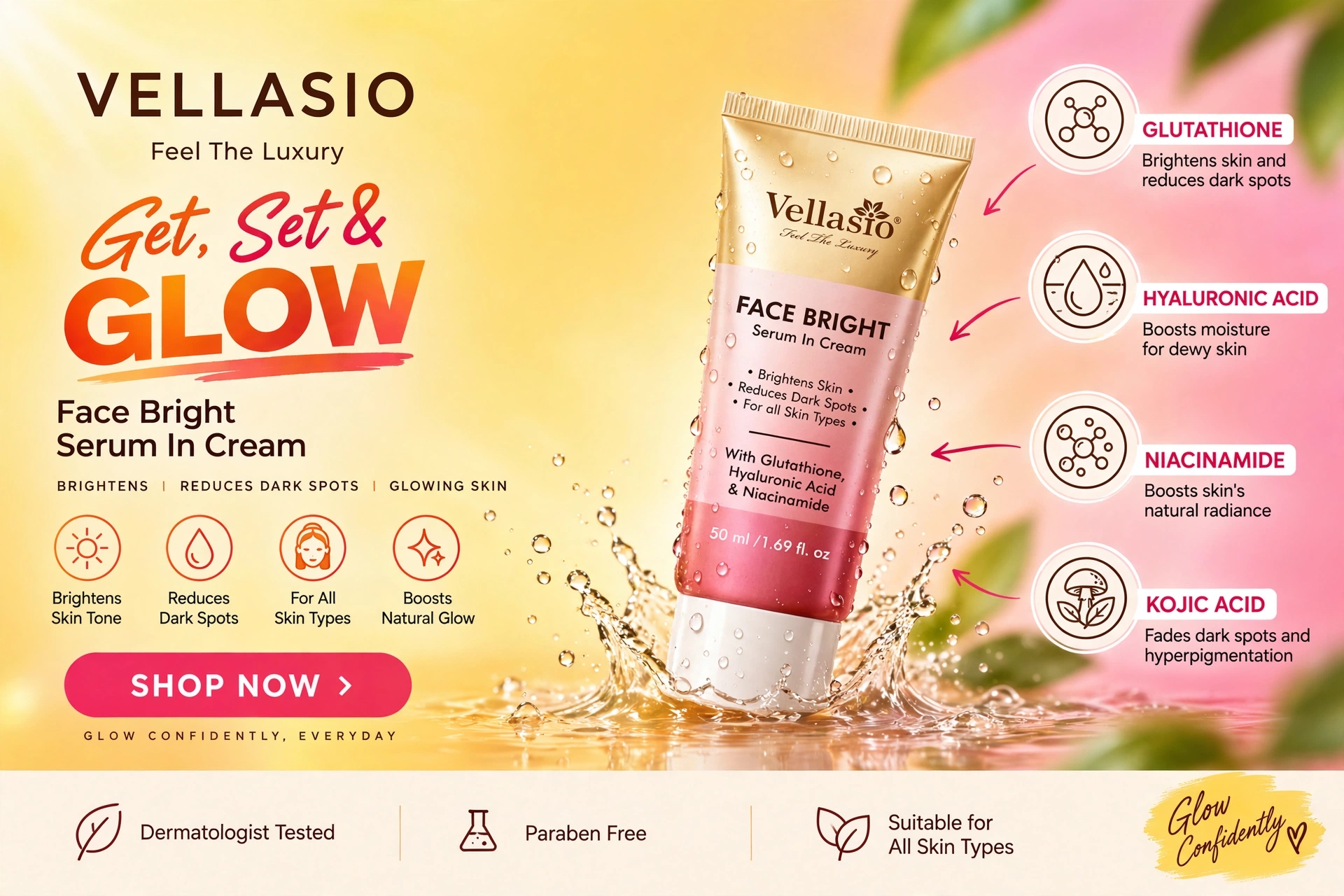 Vellasio Face Bright Serum In Cream 50ml with Glutathione, Hyaluronic Acid, Niacinamide & Kojic Acid | Brightens Skin, Reduces Dark Spots |