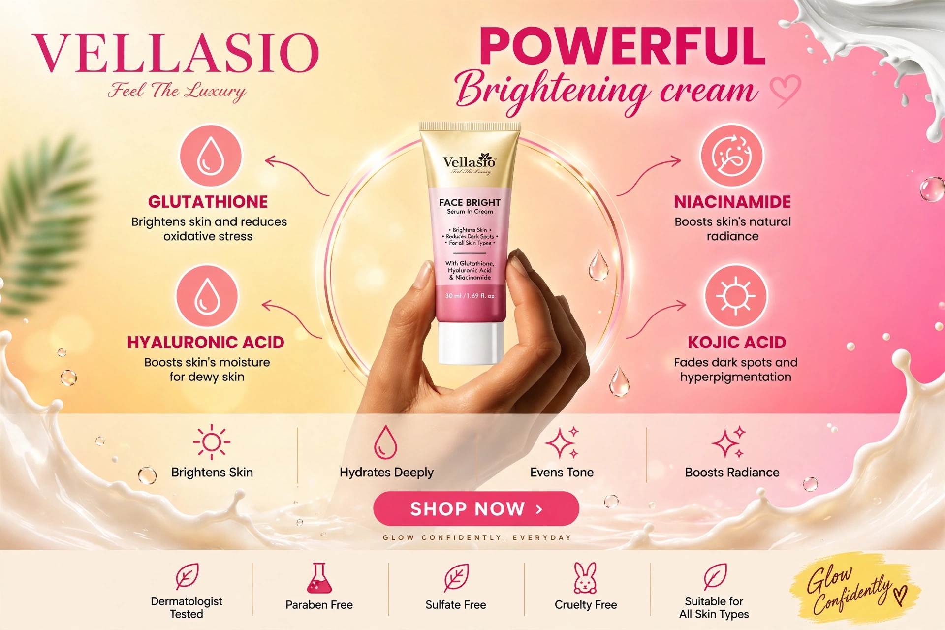 Vellasio Face Bright Serum In Cream 50ml with Glutathione, Hyaluronic Acid, Niacinamide & Kojic Acid | Brightens Skin, Reduces Dark Spots |