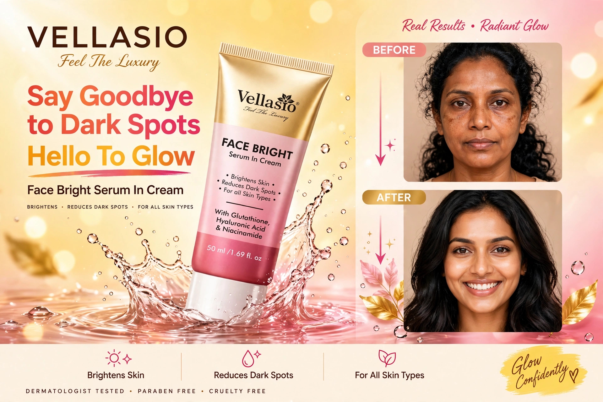 Vellasio Face Bright Serum In Cream 50ml with Glutathione, Hyaluronic Acid, Niacinamide & Kojic Acid | Brightens Skin, Reduces Dark Spots |