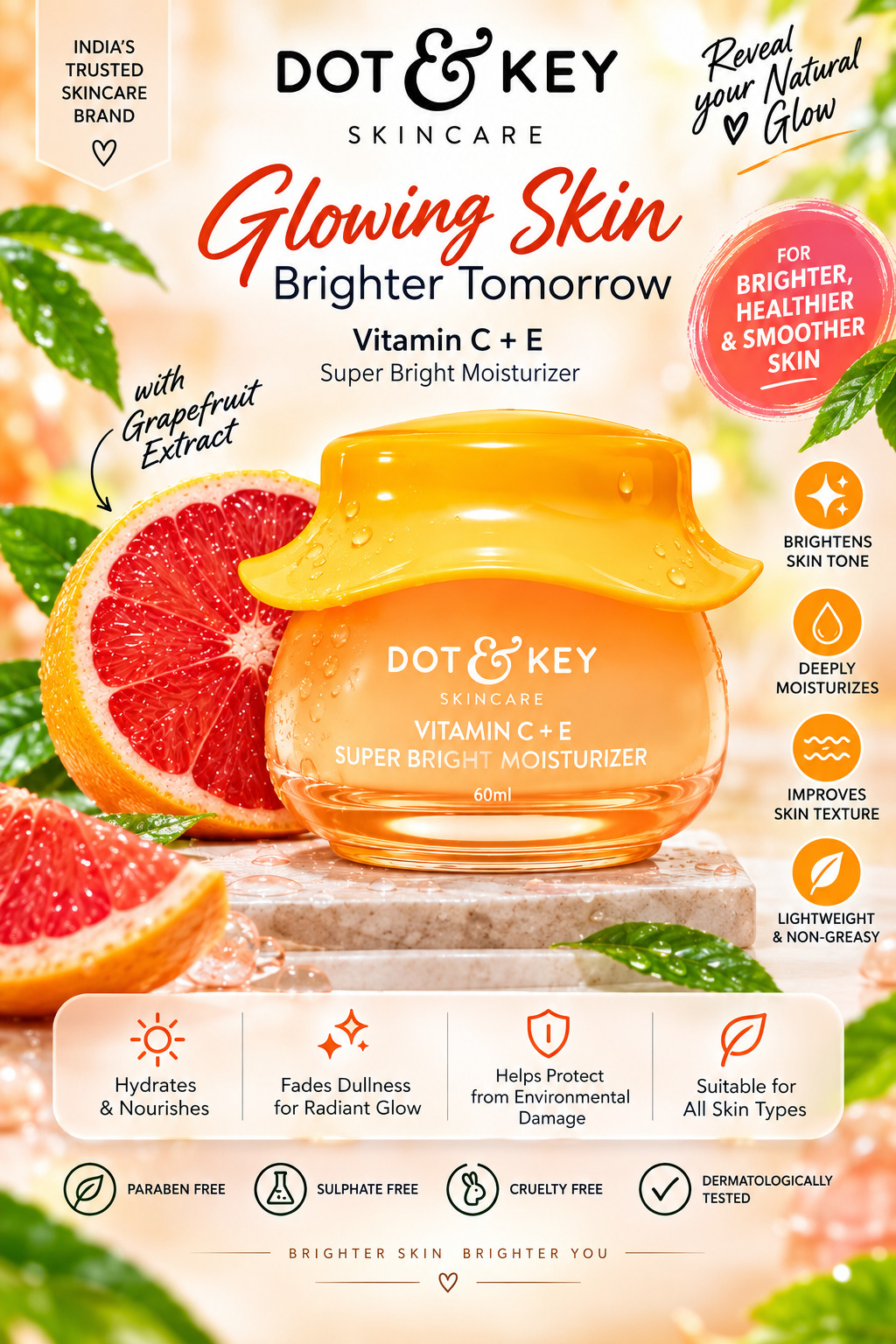 Dot & Key Vitamin C + E Super Bright Moisturizer 60ml with Sicilian Blood Orange, Triple Vitamin C, Vitamin E & Shea Butter | Brightens Skin
