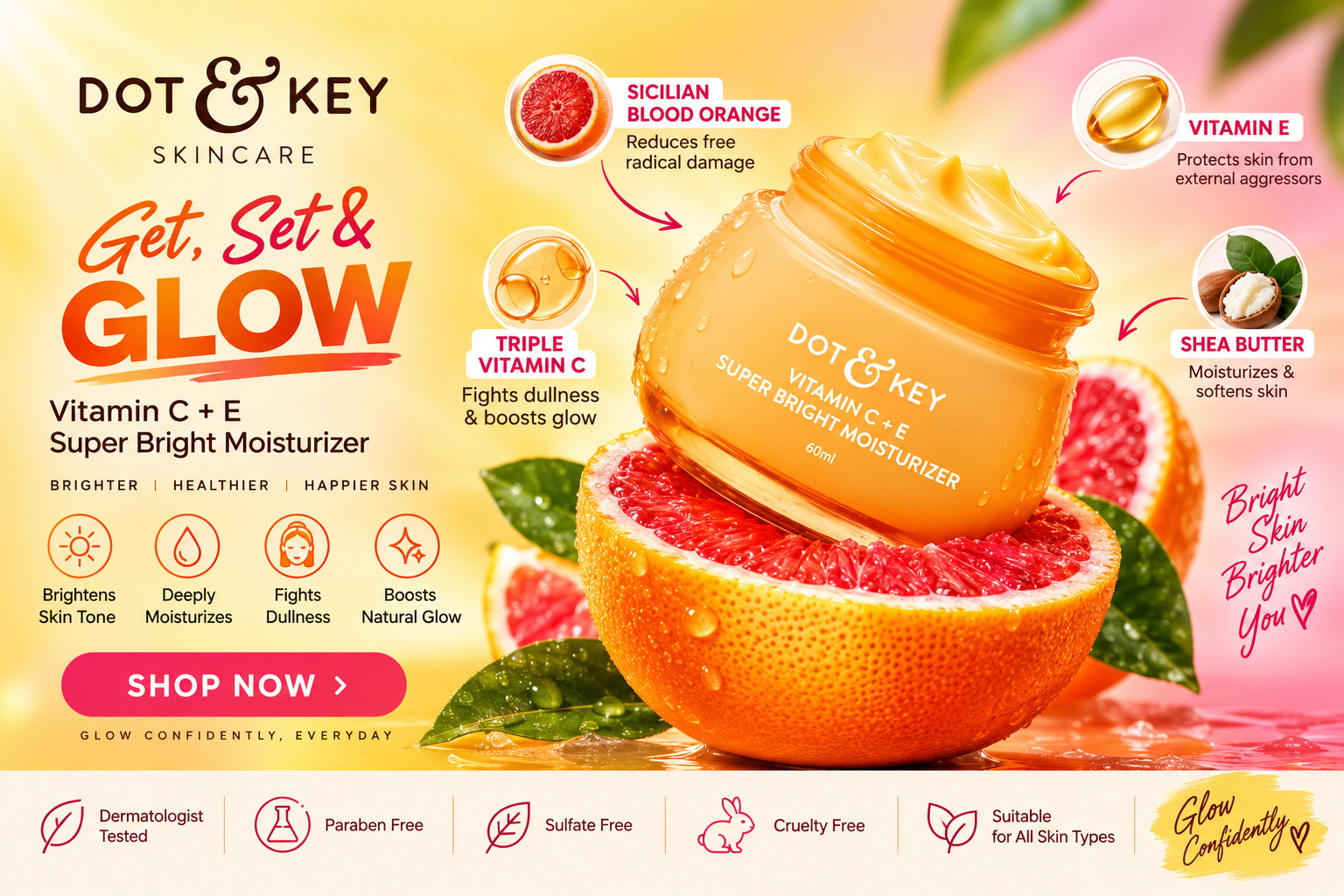 Dot & Key Vitamin C + E Super Bright Moisturizer 60ml with Sicilian Blood Orange, Triple Vitamin C, Vitamin E & Shea Butter | Brightens Skin
