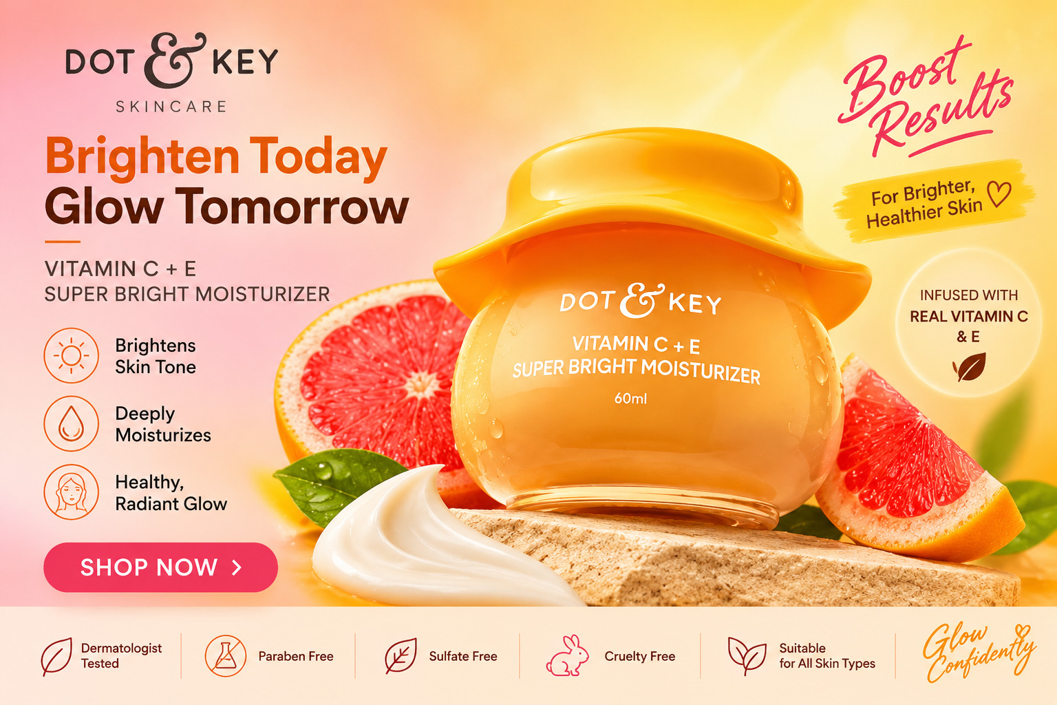 Dot & Key Vitamin C + E Super Bright Moisturizer 60ml with Sicilian Blood Orange, Triple Vitamin C, Vitamin E & Shea Butter | Brightens Skin