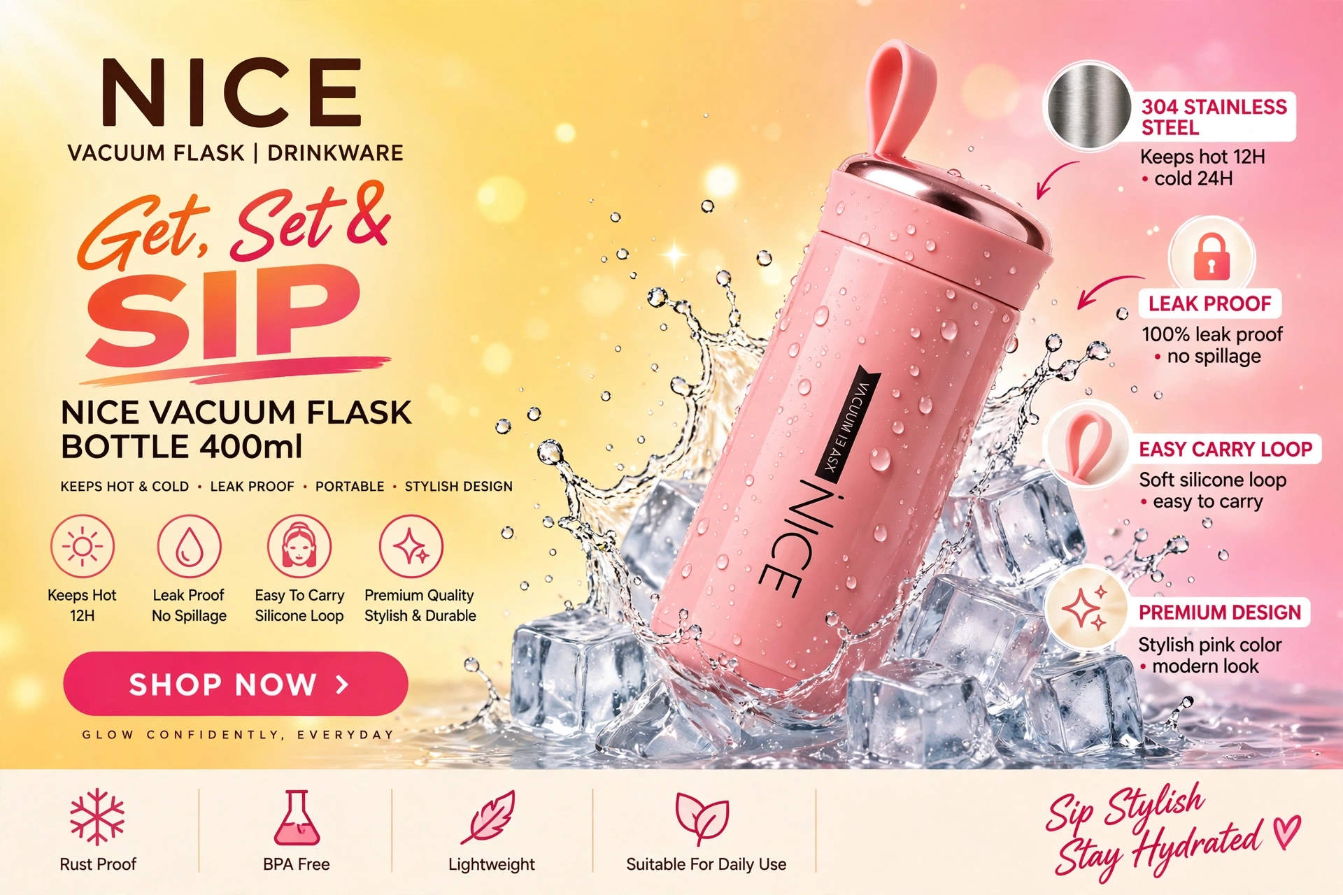 NICE Vacuum Flask Water Bottle 400ml | Hot & Cold Stainless Steel Bottle with Carry Loop | Leak Proof Travel Bottle | Pink Color