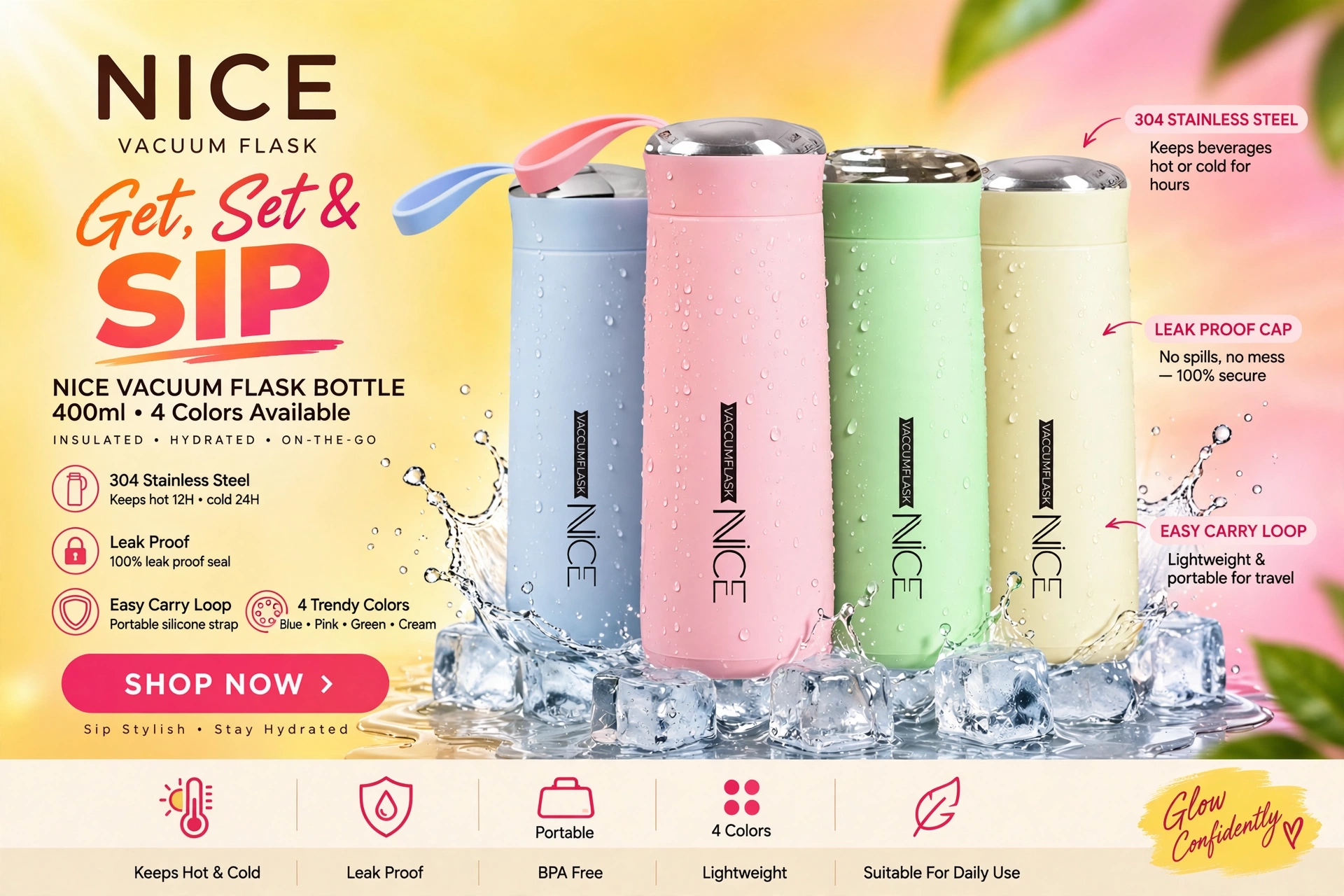 NICE Vacuum Flask Water Bottle 400ml | Hot & Cold Stainless Steel Bottle with Carry Loop | Leak Proof Travel Bottle | Pink Color