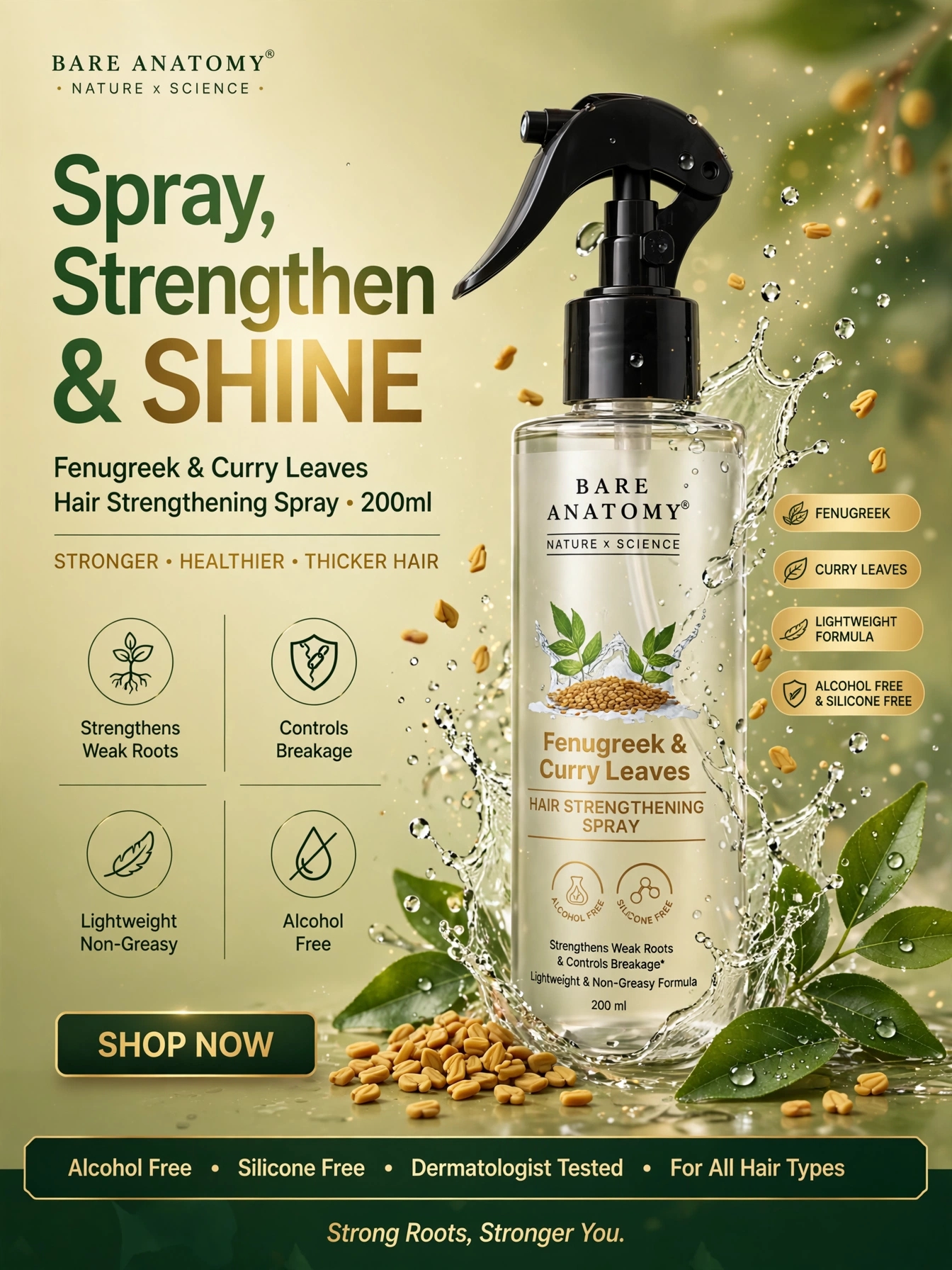 Bare Anatomy Nature x Science Fenugreek & Curry Leaves Hair Strengthening Spray 200ml | Strengthens Weak Roots & Controls Breakage | Lightwe
